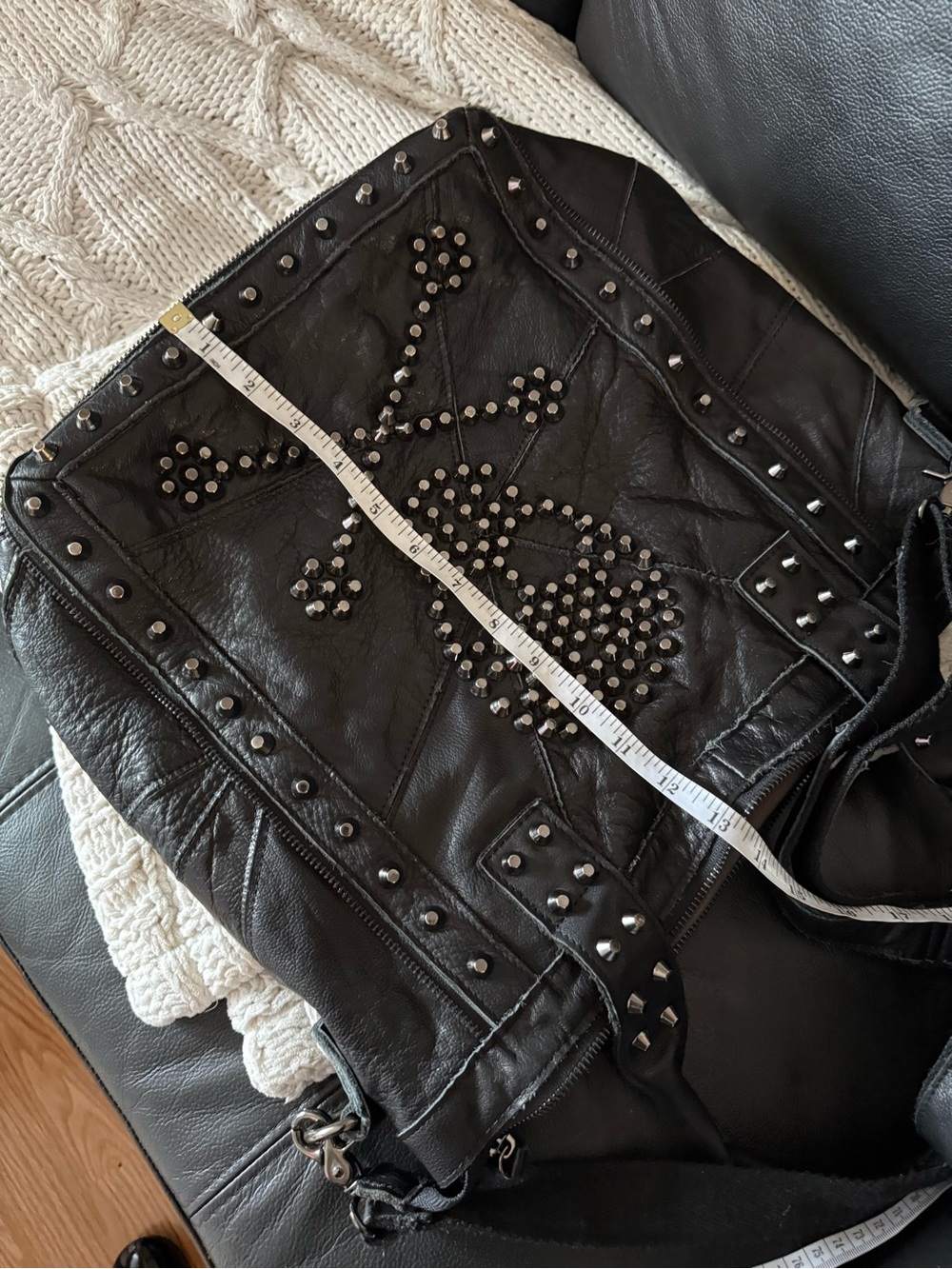 Studded Black Leather Tote Bag with Skull Accent - Picture 9 of 9